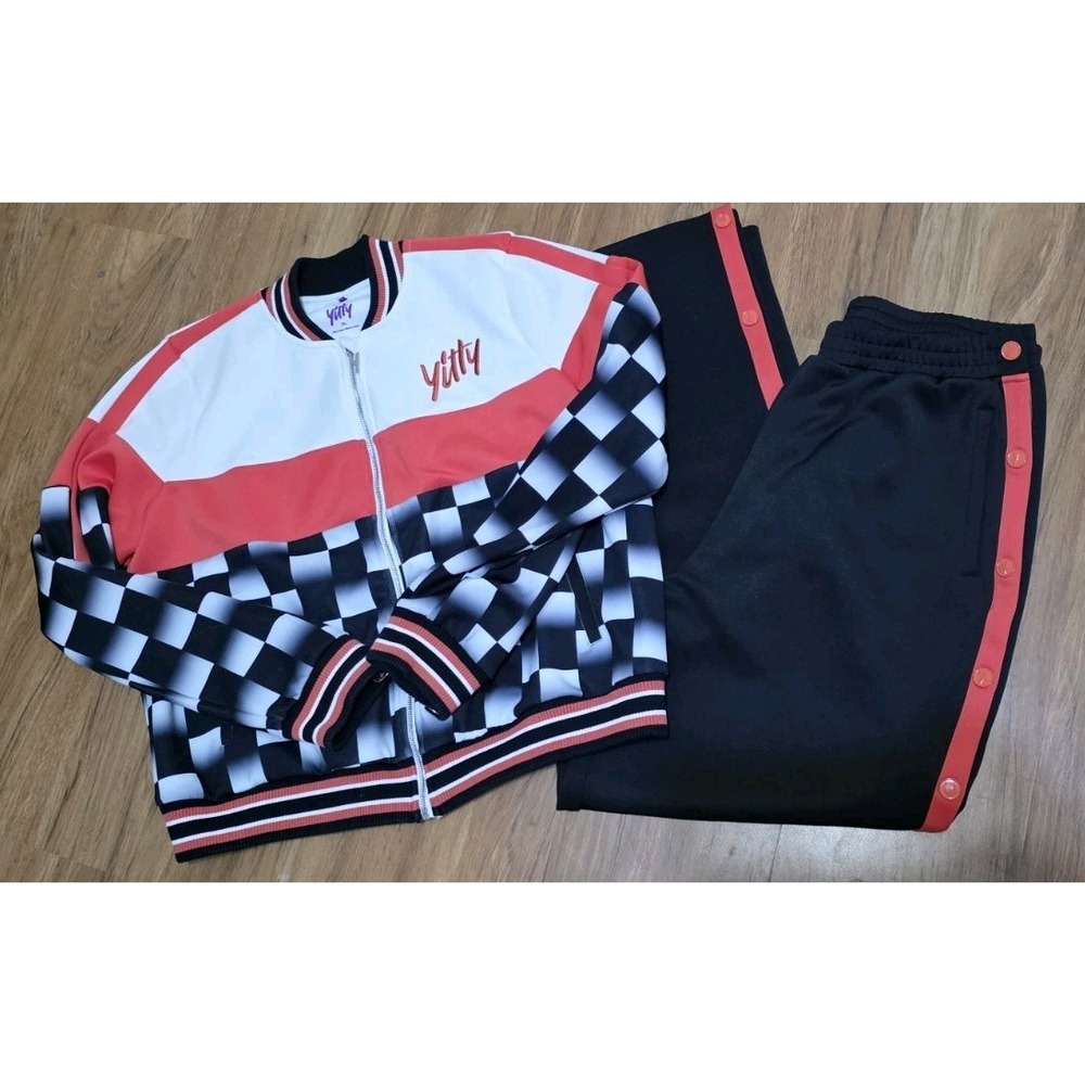 YITTY Major Label Track Jacket Pant Set Orange Black Checkered Women XL Snap Off